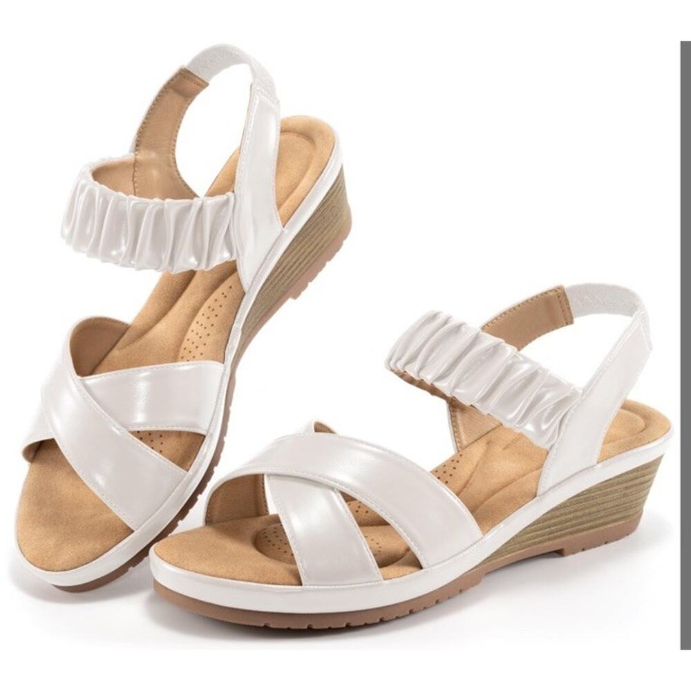 Almaden Women’s Wedge Sandals ,comfortable Elastic Ankle Strap,Low Heel,White 10